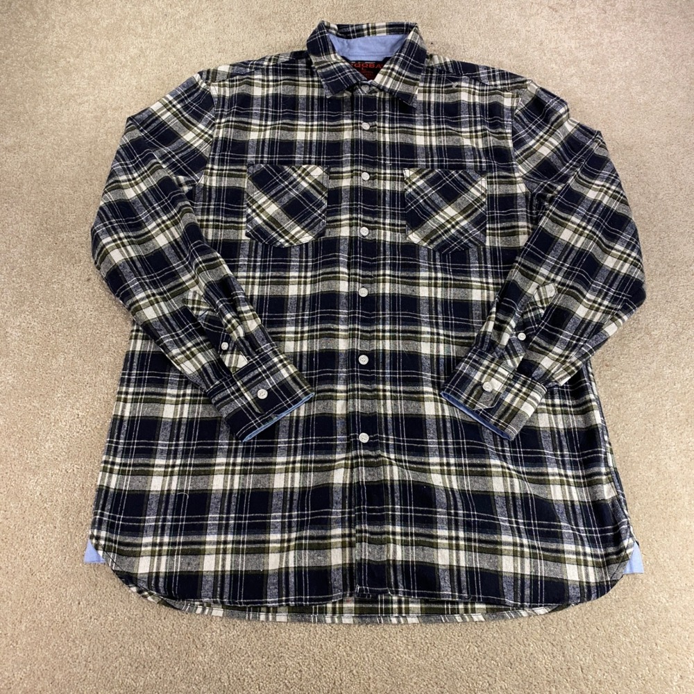 RQQBA Plaid Flannel Button Down Shirt Mens Large Blue Olive Green Long Sleeve